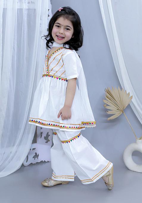 White Embellished Cotton Lehenga Set For Girl