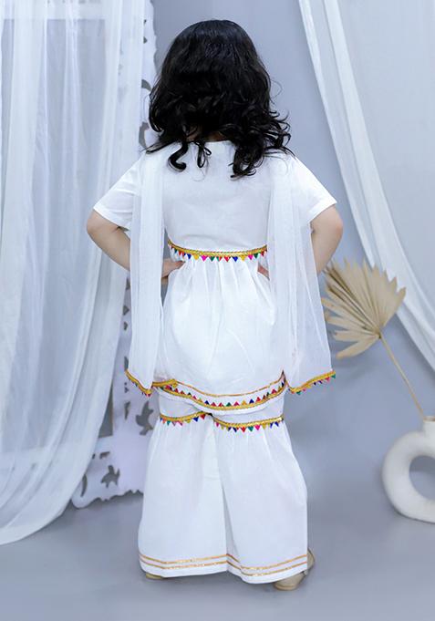 White Embellished Cotton Lehenga Set For Girl