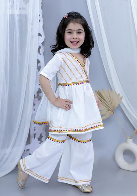 White Embellished Cotton Lehenga Set For Girl
