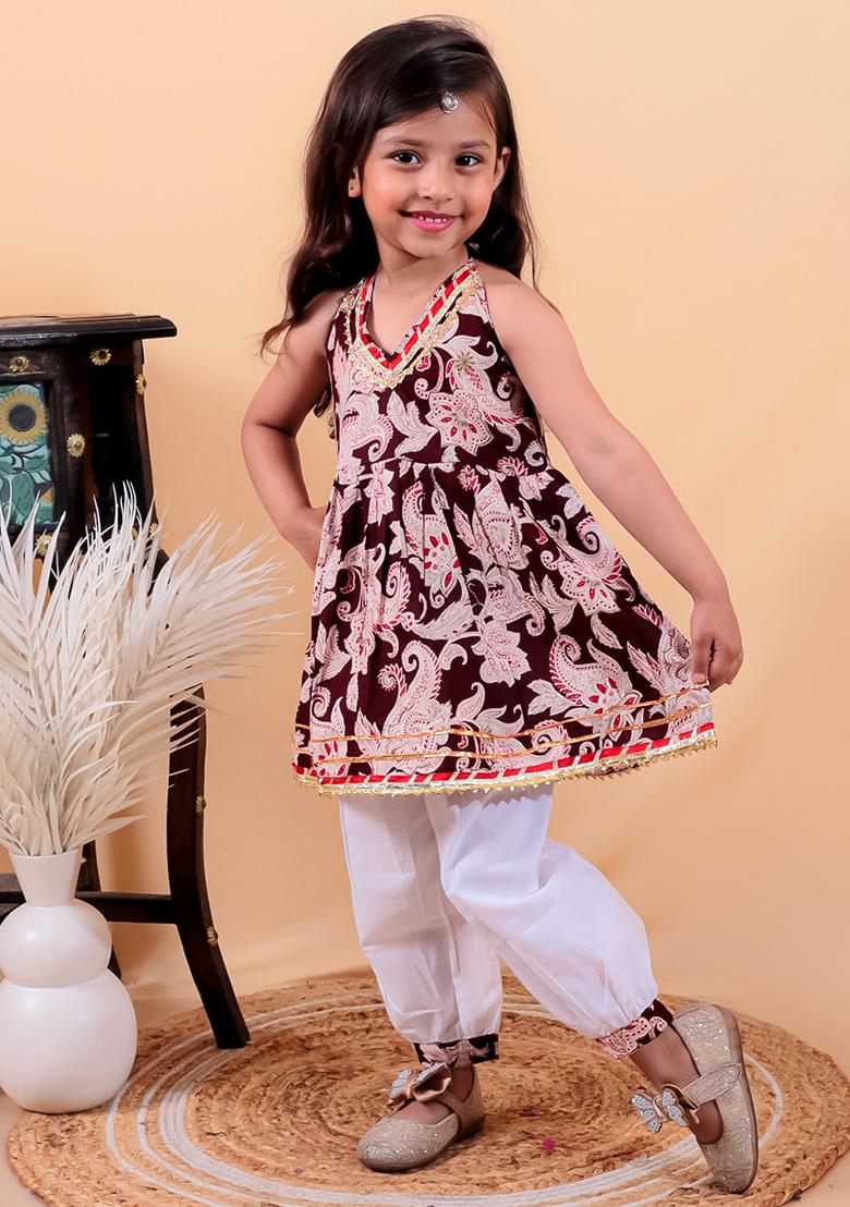 Maroon Cotton Cotton Kurta Set For Girl