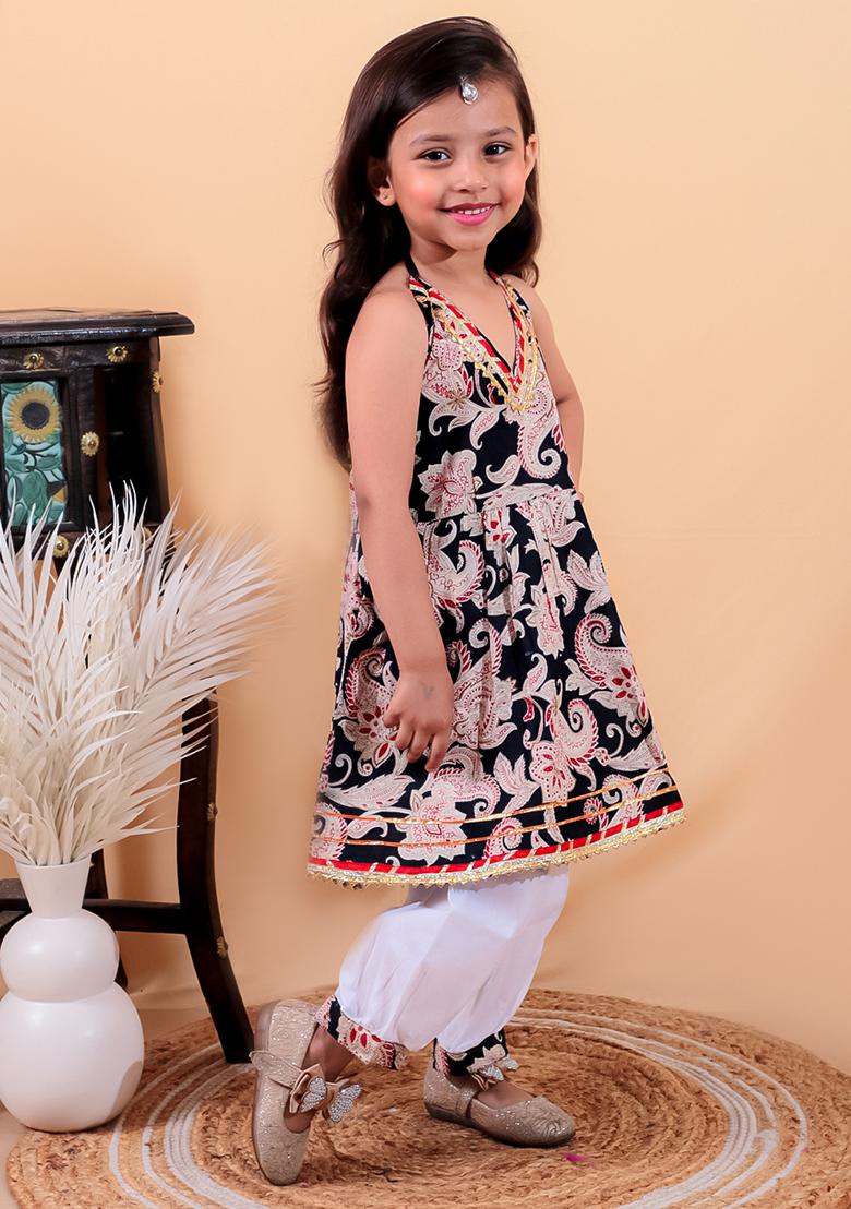 Navy Blue Cotton Cotton Kurta Set For Girl