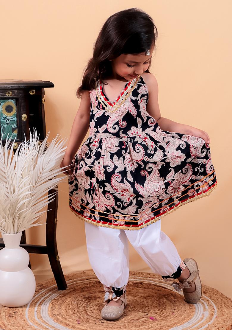 Navy Blue Cotton Cotton Kurta Set For Girl