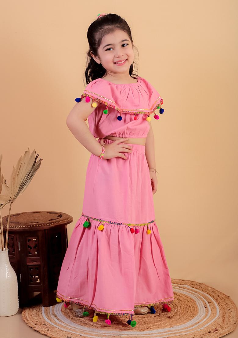 Pink Embellished Cotton Kurta Set For Girl