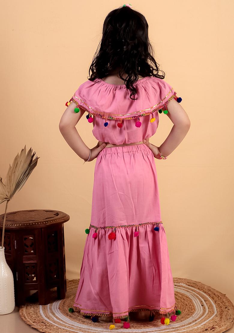 Pink Embellished Cotton Kurta Set For Girl