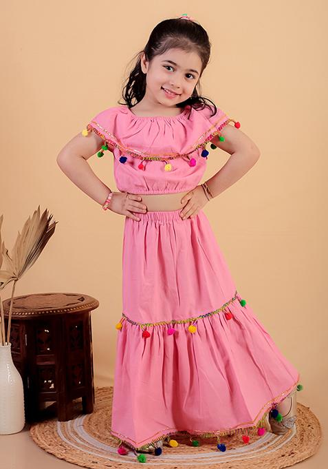 Pink Embellished Cotton Kurta Set For Girl