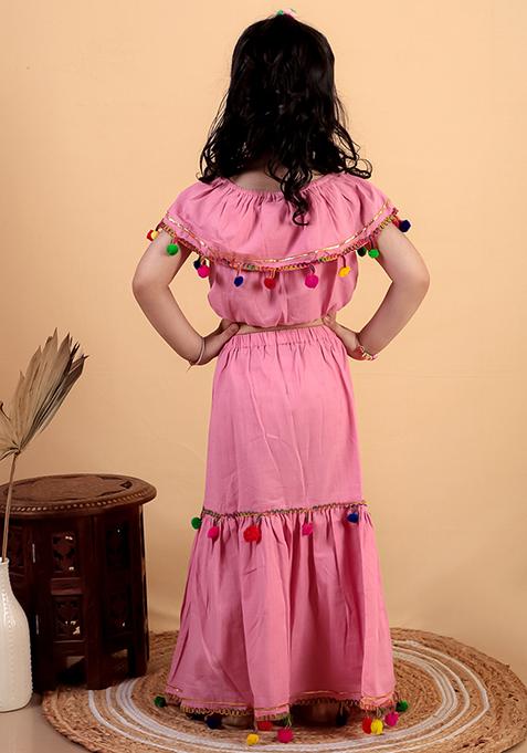 Pink Embellished Cotton Kurta Set For Girl