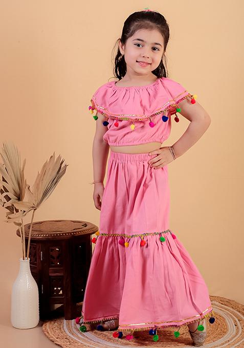 Pink Embellished Cotton Kurta Set For Girl