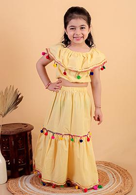 Yellow Embellished Cotton Kurta Set For Girl