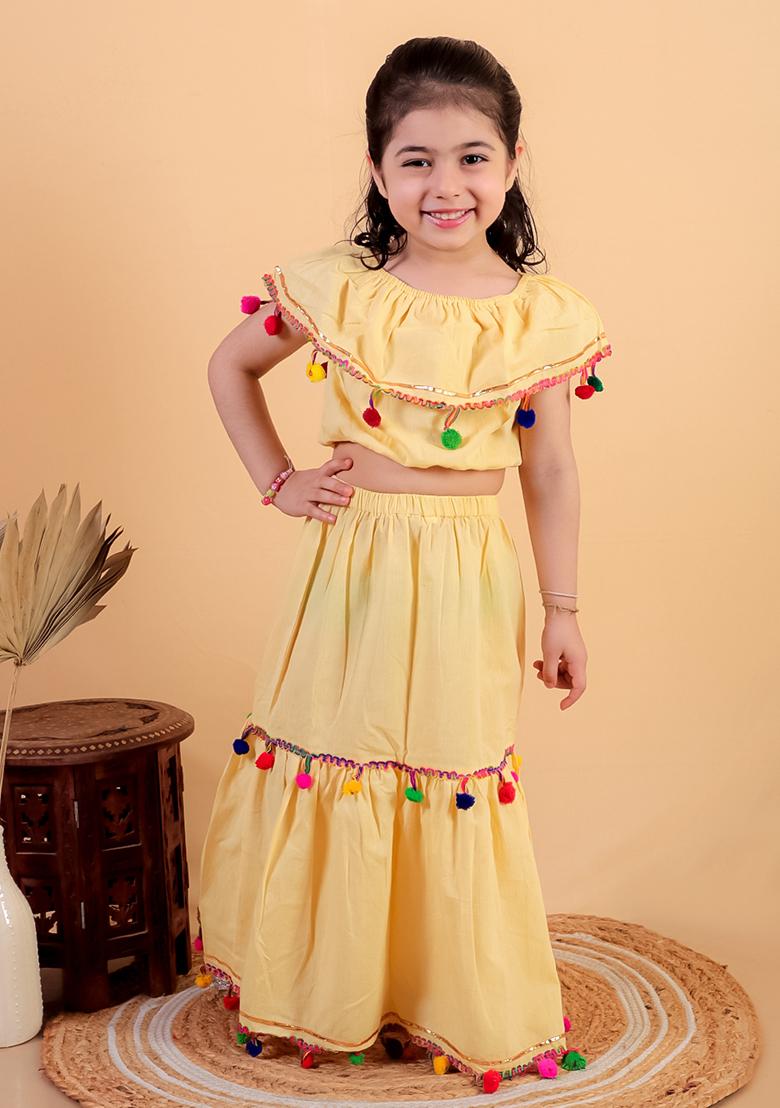 Yellow Embellished Cotton Kurta Set For Girl