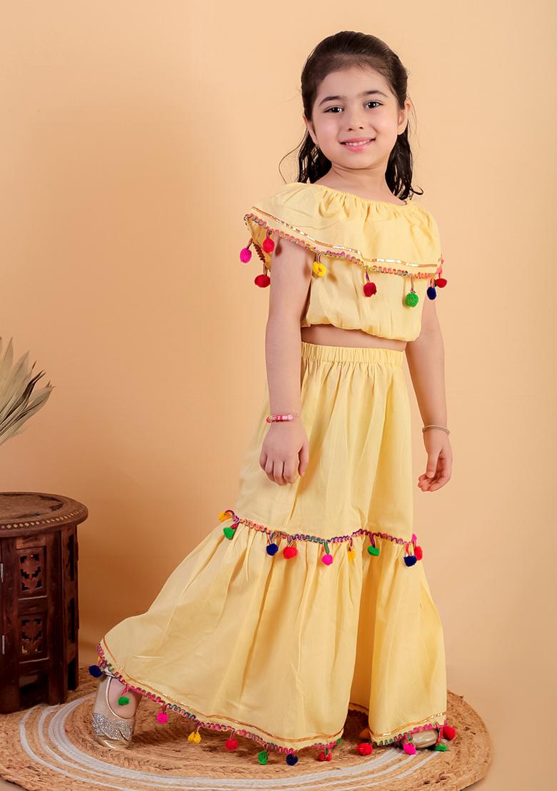 Yellow Embellished Cotton Kurta Set For Girl