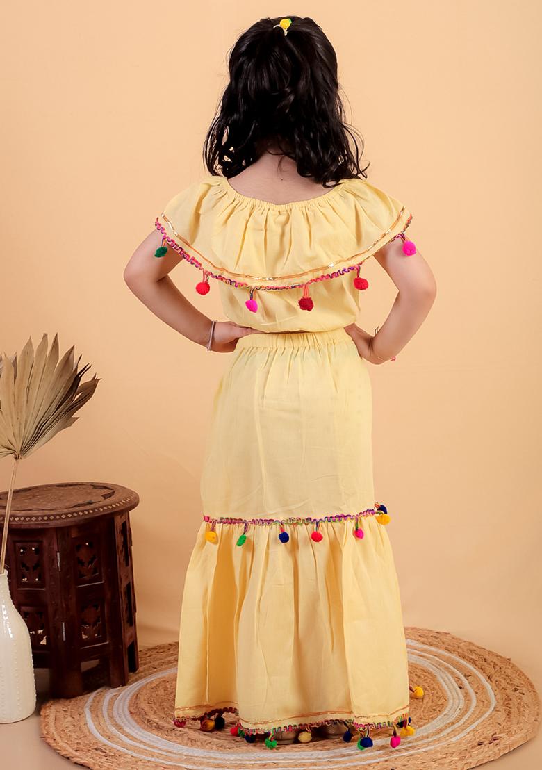 Yellow Embellished Cotton Kurta Set For Girl
