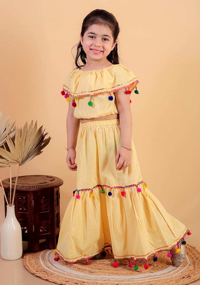Yellow Embellished Cotton Kurta Set For Girl