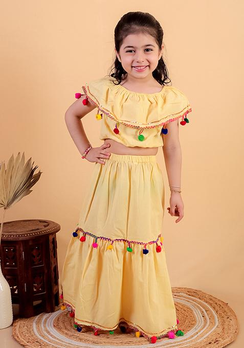 Yellow Embellished Cotton Kurta Set For Girl