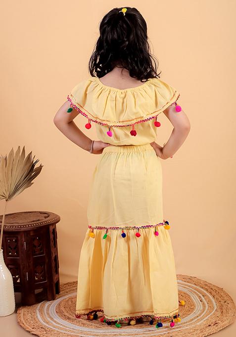 Yellow Embellished Cotton Kurta Set For Girl