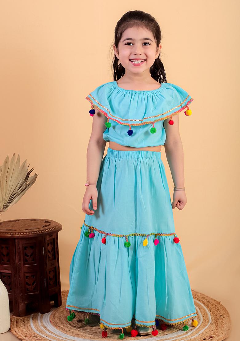 Sky Blue Embellished Cotton Kurta Set For Girl