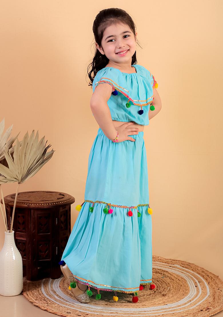 Sky Blue Embellished Cotton Kurta Set For Girl