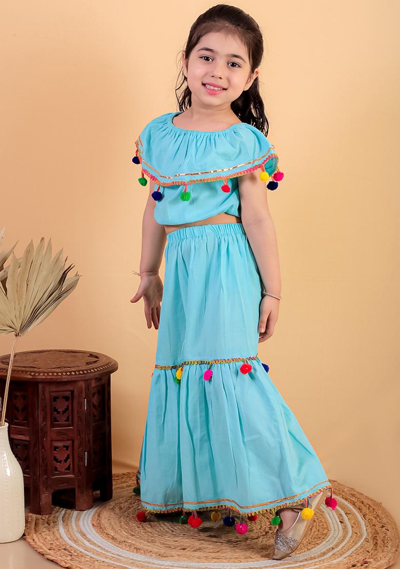 Sky Blue Embellished Cotton Kurta Set For Girl