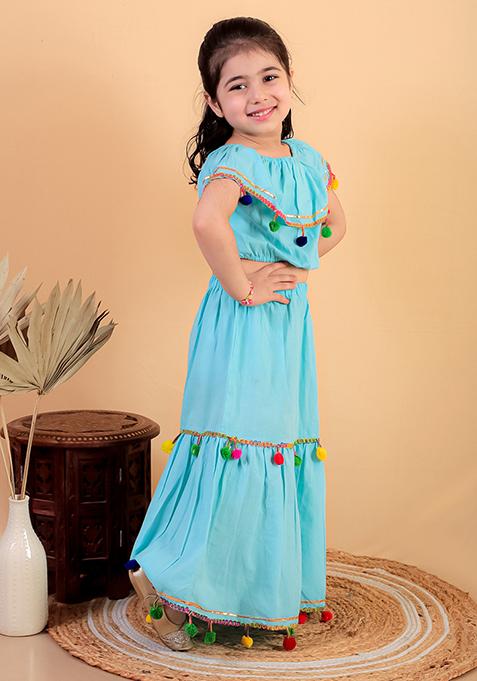 Sky Blue Embellished Cotton Kurta Set For Girl
