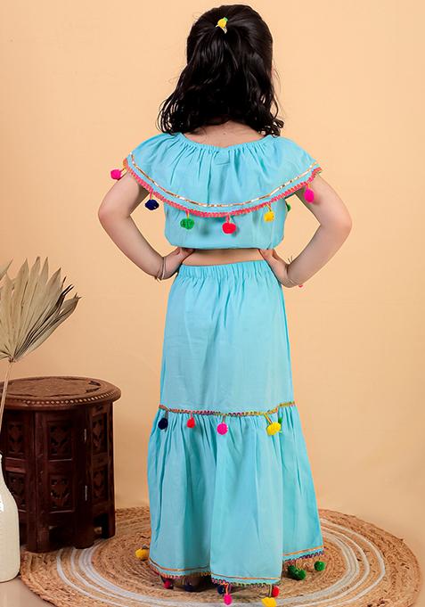 Sky Blue Embellished Cotton Kurta Set For Girl