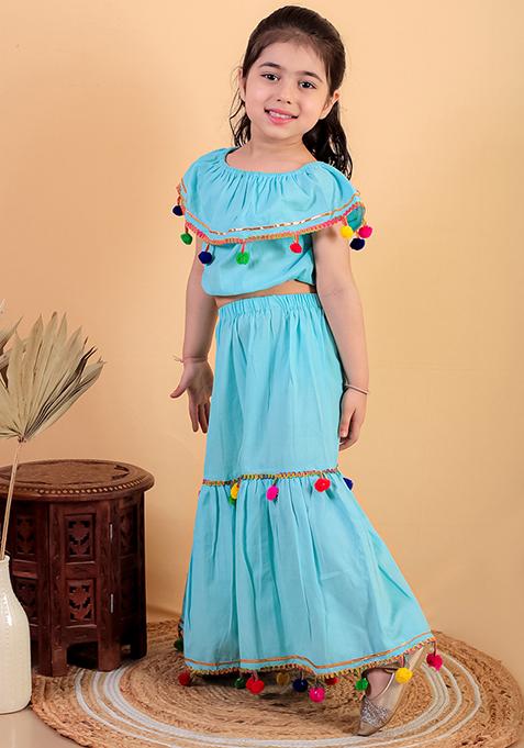 Sky Blue Embellished Cotton Kurta Set For Girl
