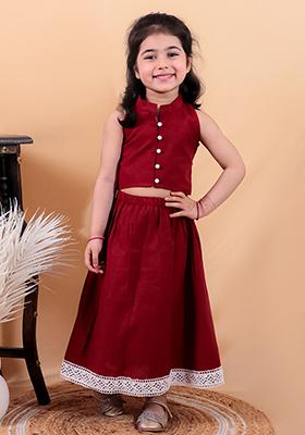 Maroon Cotton Cotton Kurta Set For Girl