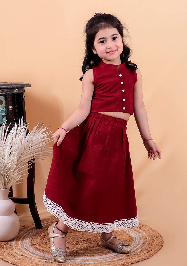 Maroon Cotton Cotton Kurta Set For Girl