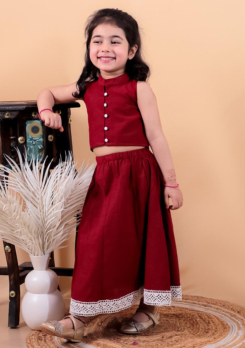 Maroon Cotton Cotton Kurta Set For Girl