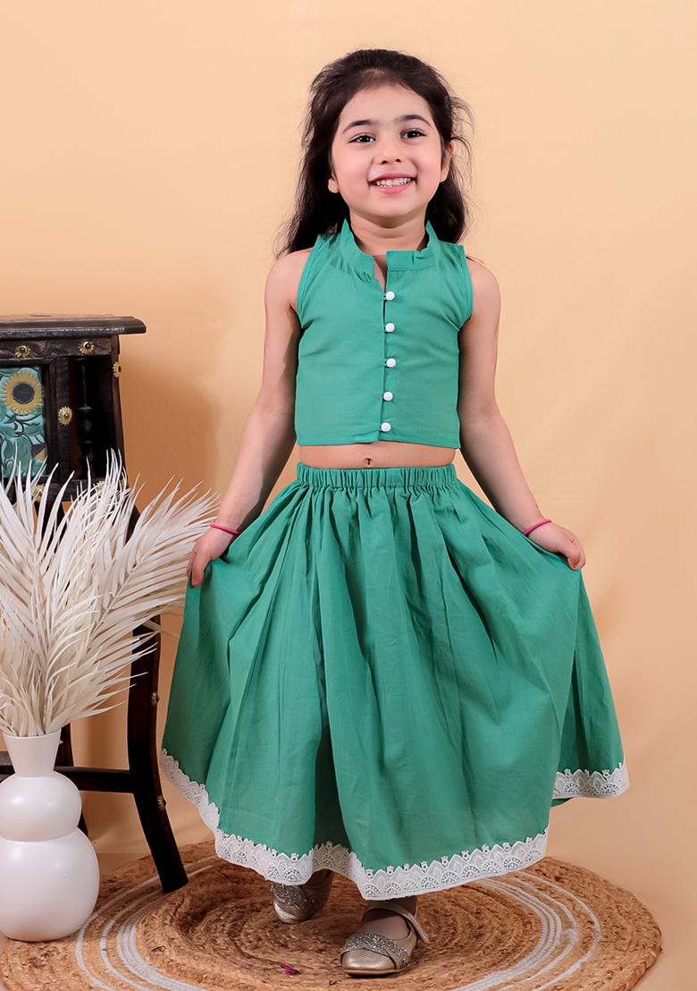 Green Cotton Cotton Kurta Set For Girl