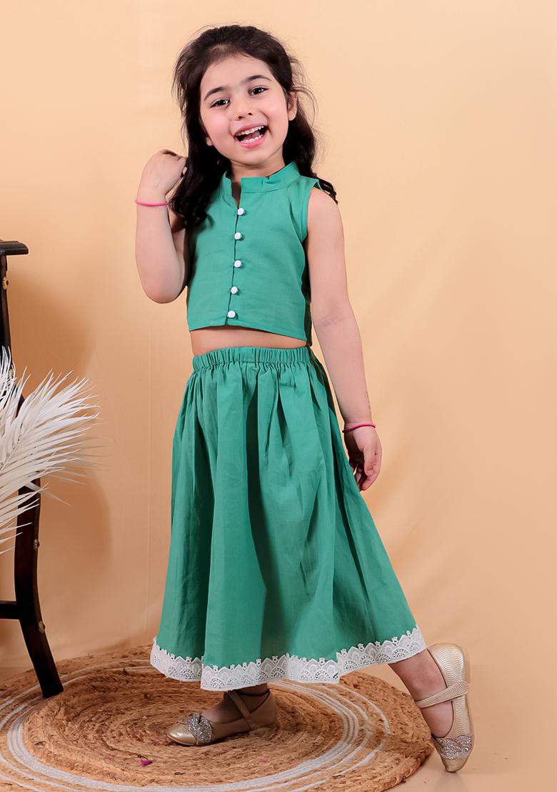 Green Cotton Cotton Kurta Set For Girl