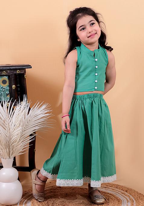 Green Cotton Cotton Kurta Set For Girl