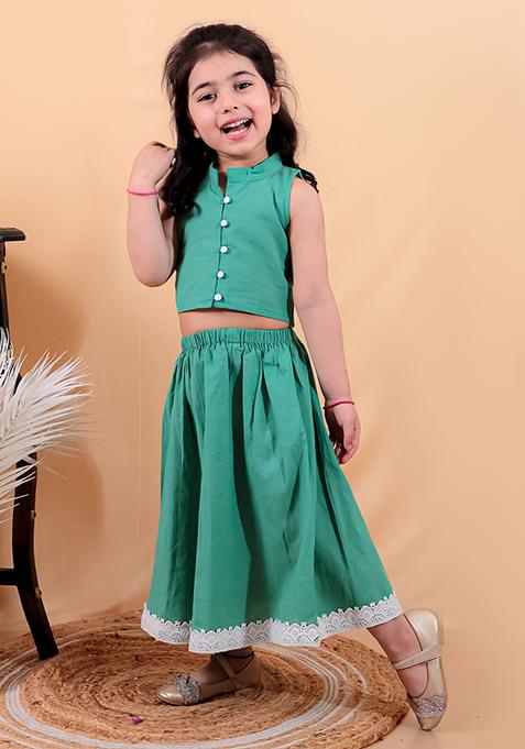 Green Cotton Cotton Kurta Set For Girl