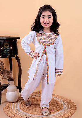 White Embellished Cotton Kurta Set For Girl