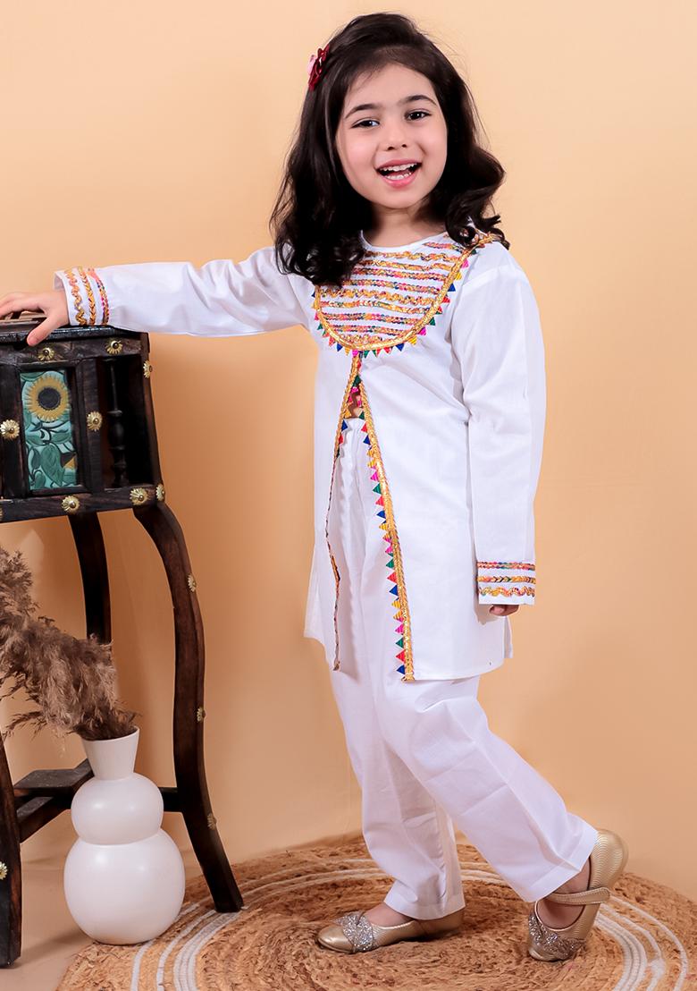 White Embellished Cotton Kurta Set For Girl