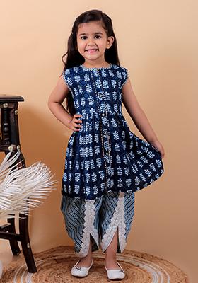Navy Blue Printed Cotton Kurta Set For Girl