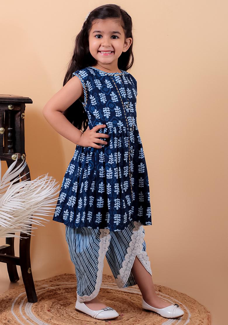 Navy Blue Printed Cotton Kurta Set For Girl