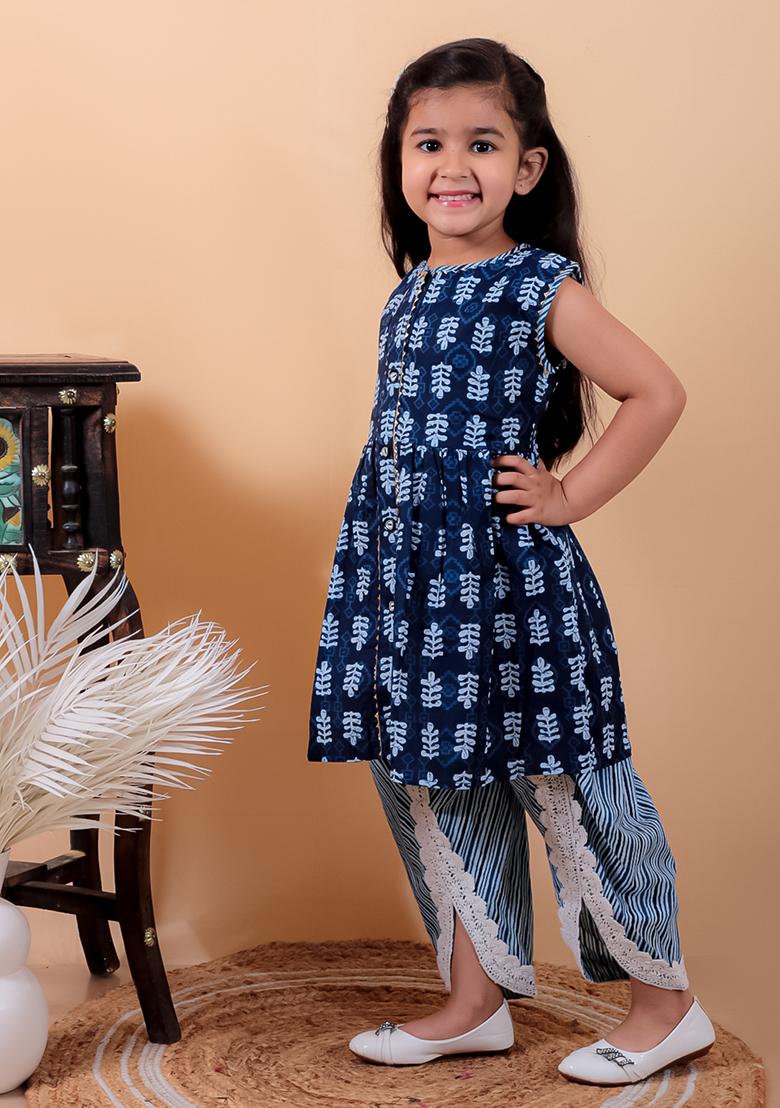 Navy Blue Printed Cotton Kurta Set For Girl