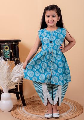 Denim Blue Printed Cotton Kurta Set For Girl