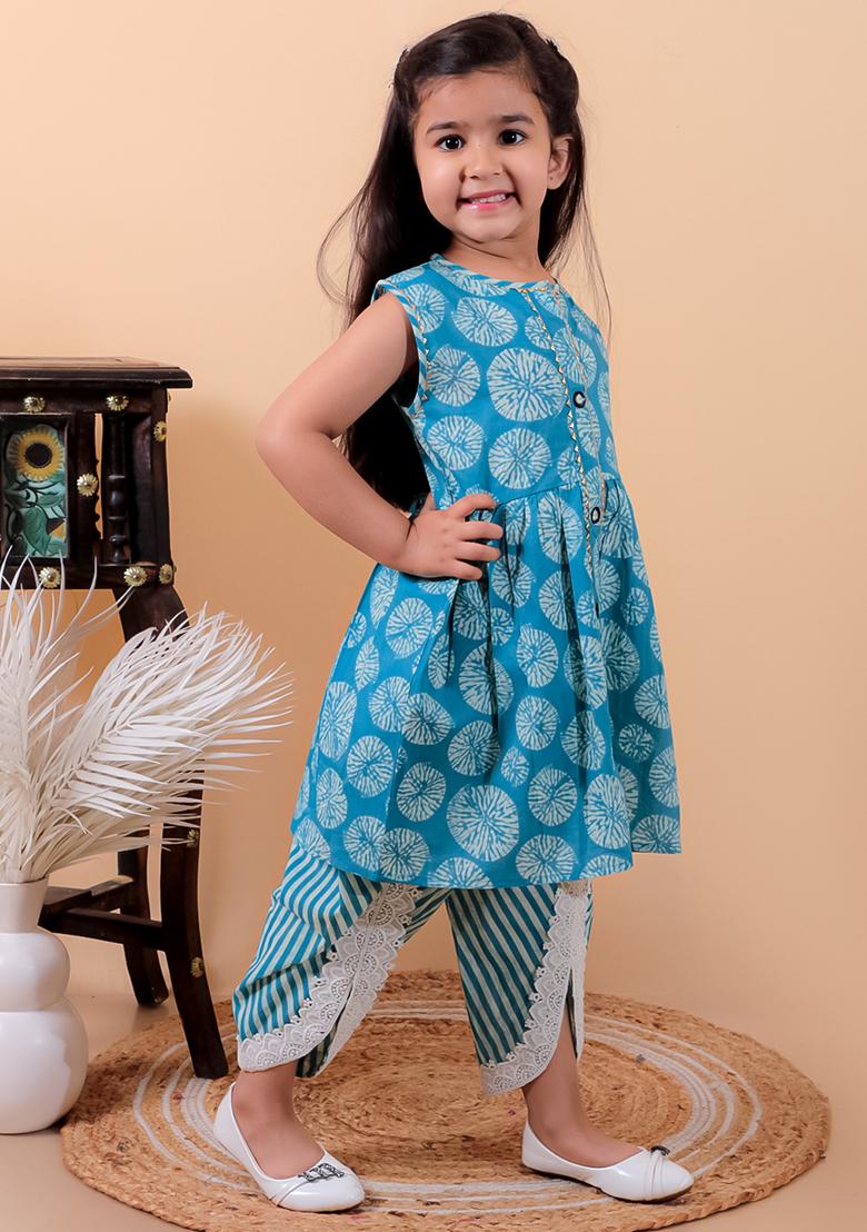 Denim Blue Printed Cotton Kurta Set For Girl
