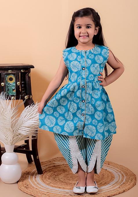 Denim Blue Printed Cotton Kurta Set For Girl