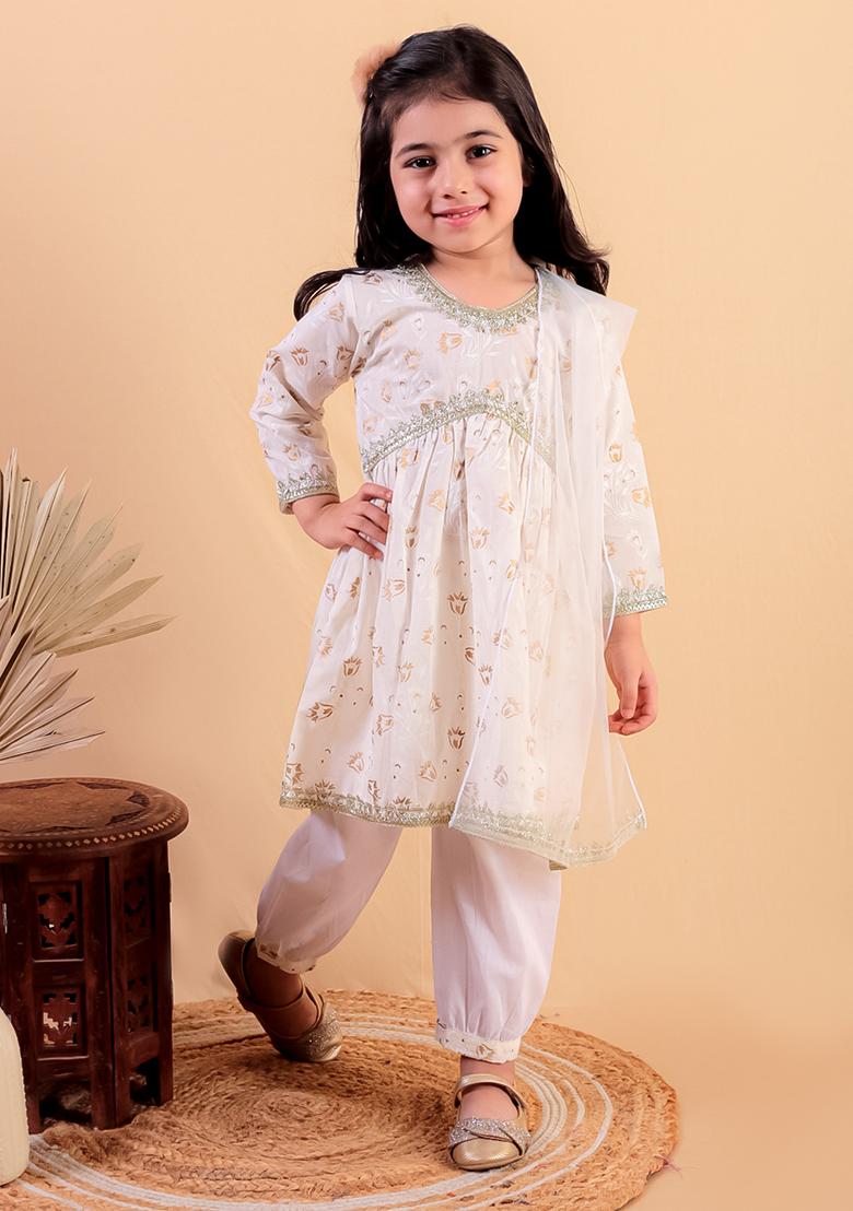 Beige Printed Cotton Lehenga Set For Girl