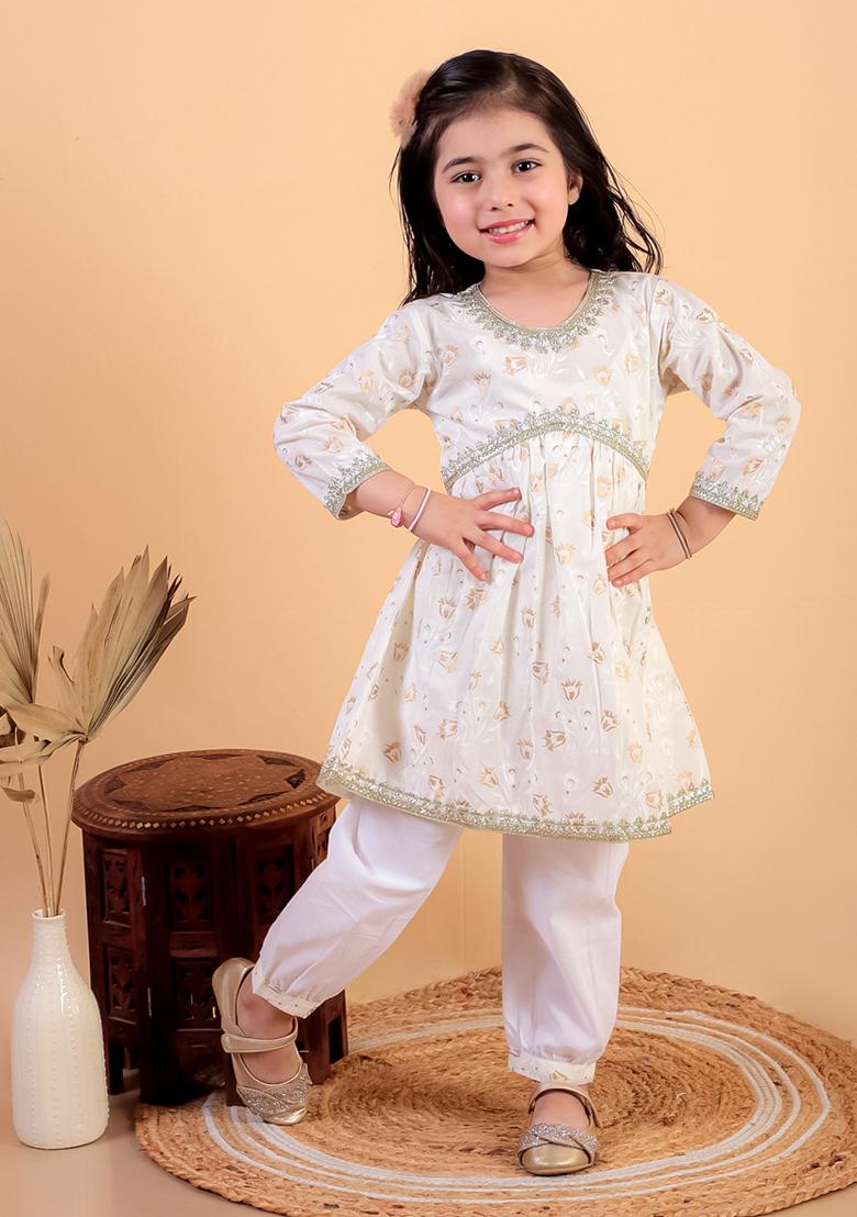 Beige Printed Cotton Lehenga Set For Girl