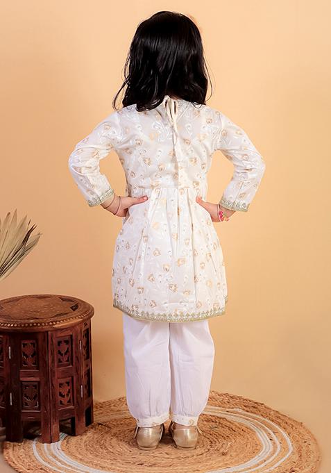 Beige Printed Cotton Lehenga Set For Girl