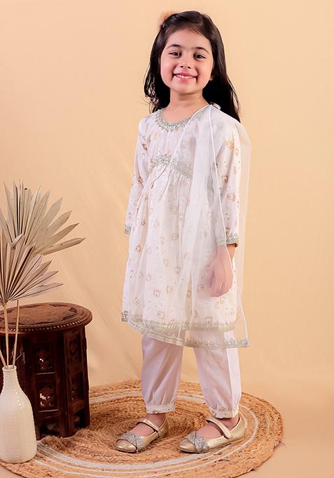 Beige Printed Cotton Lehenga Set For Girl