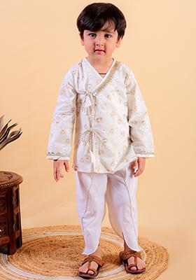 Beige Printed Cotton Kurta Set For Girl