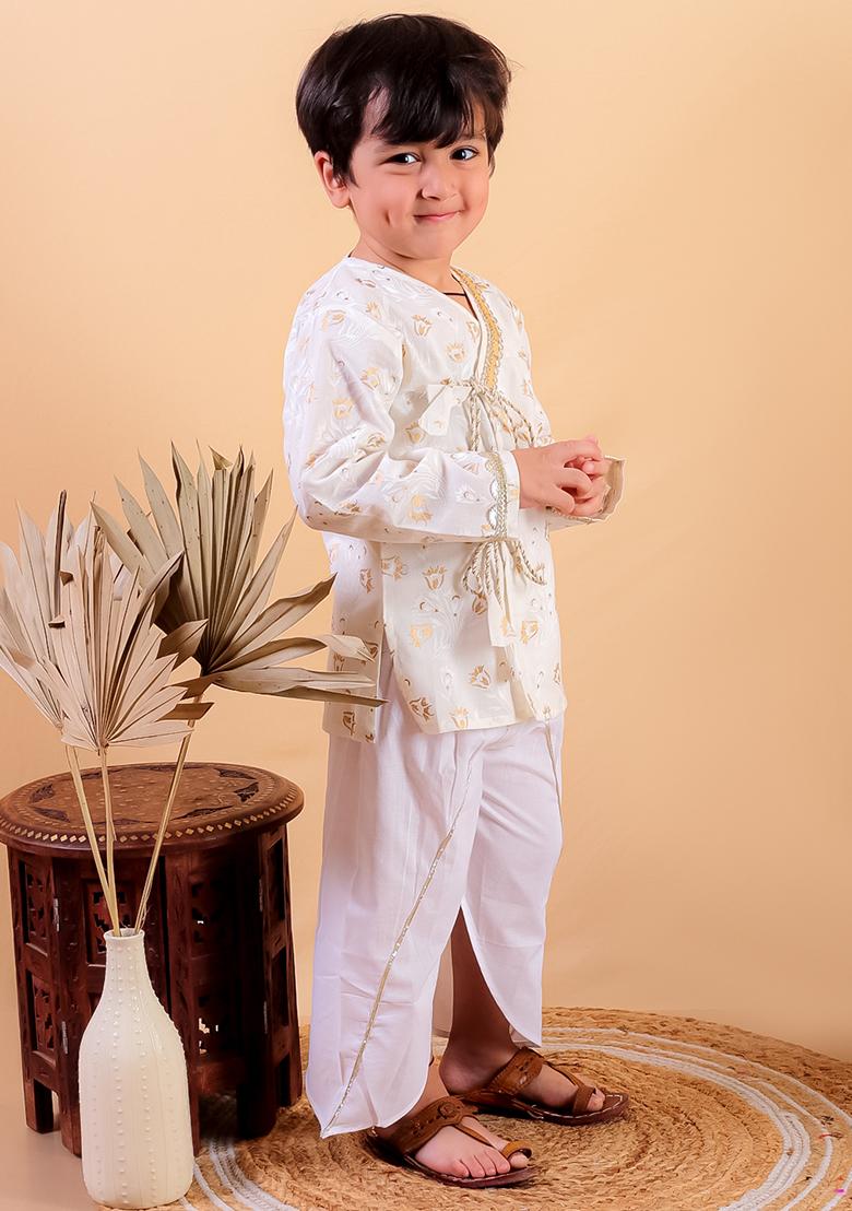 Beige Printed Cotton Kurta Set For Girl