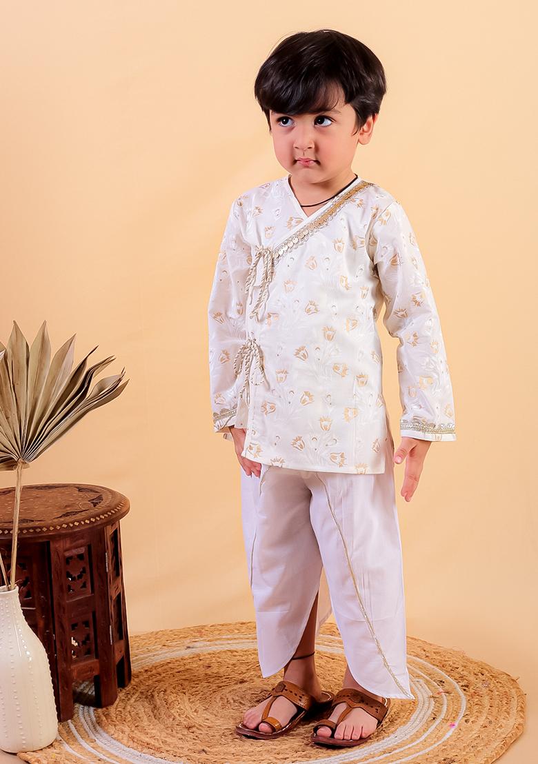 Beige Printed Cotton Kurta Set For Girl
