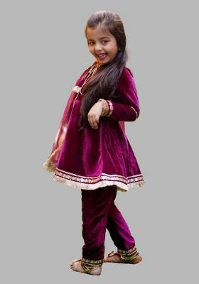 Maroon Solid Velvet Anarkali Set With Dupatta For Girl