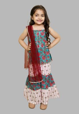 Multicolor Printed Cotton Sharara Set With Dupatta For Girls