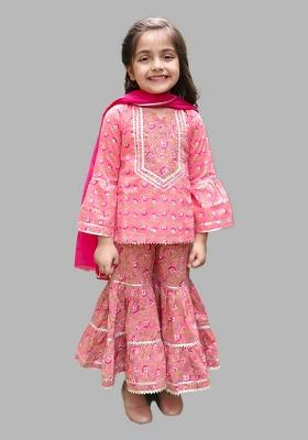 Pink Printed Cotton Sharara Set With Dupatta For Girls