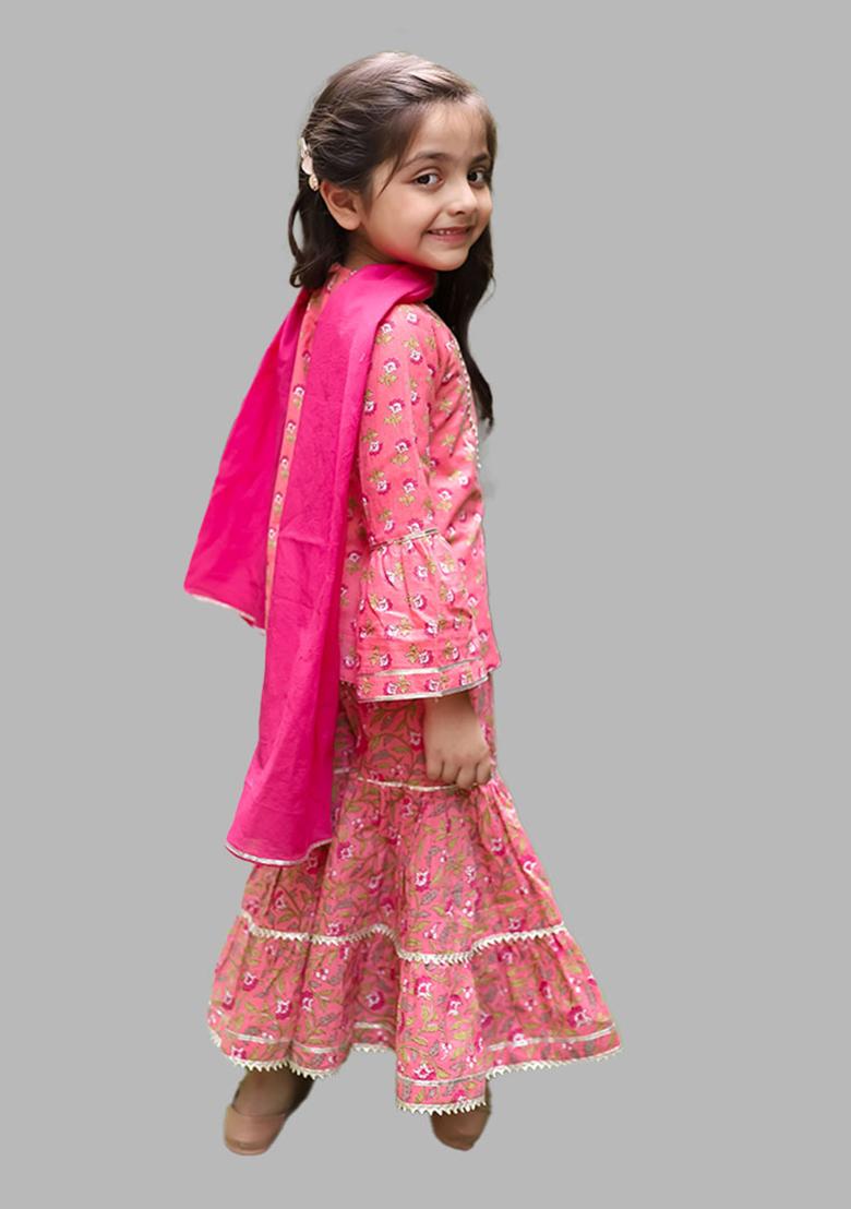 Pink Printed Cotton Sharara Set With Dupatta For Girls
